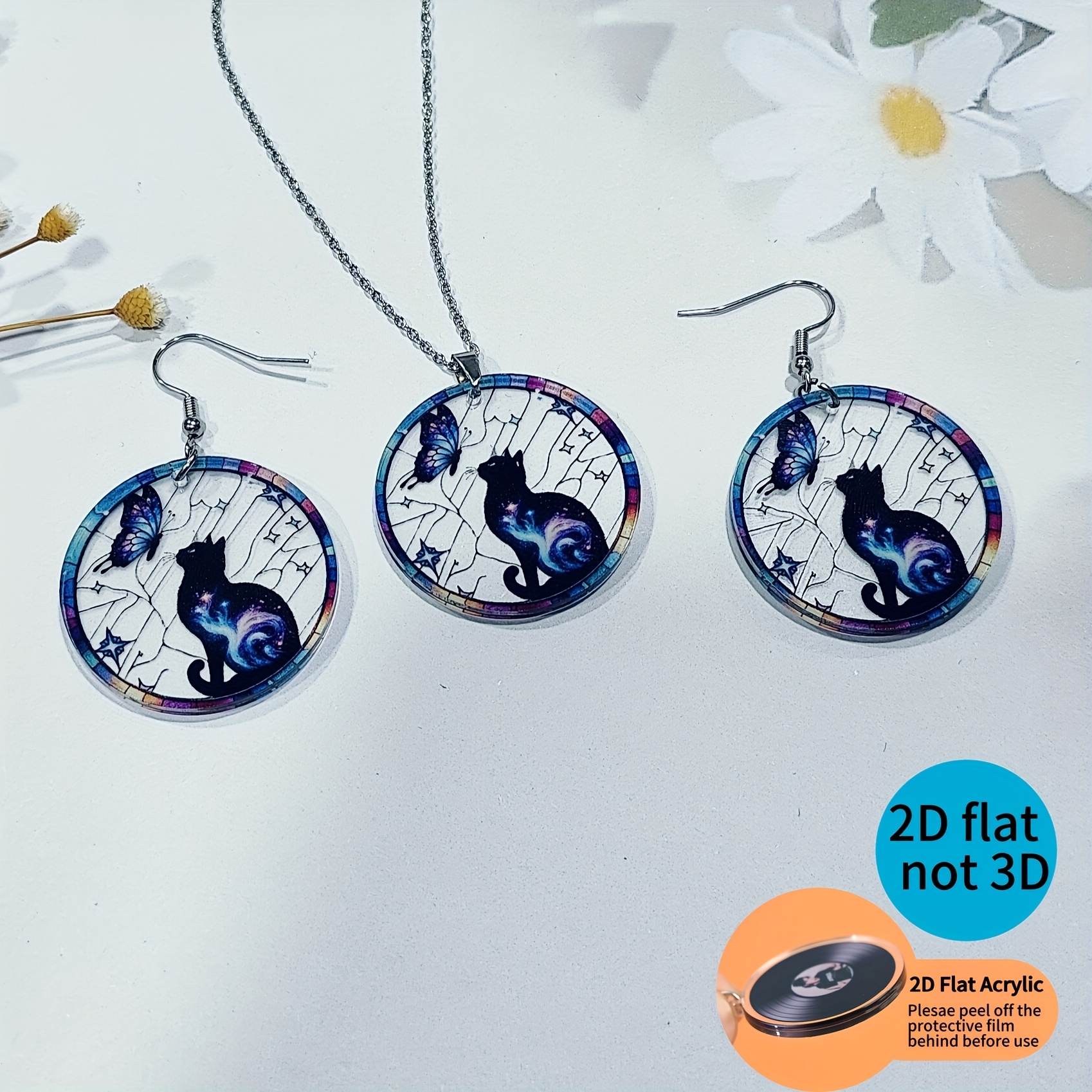 Colorful Cat and Butterfly Print Men's Dangle Earrings
